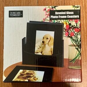 Beveled Glass Photo Frame Coasters 4ct with Black Wood Storage Rack